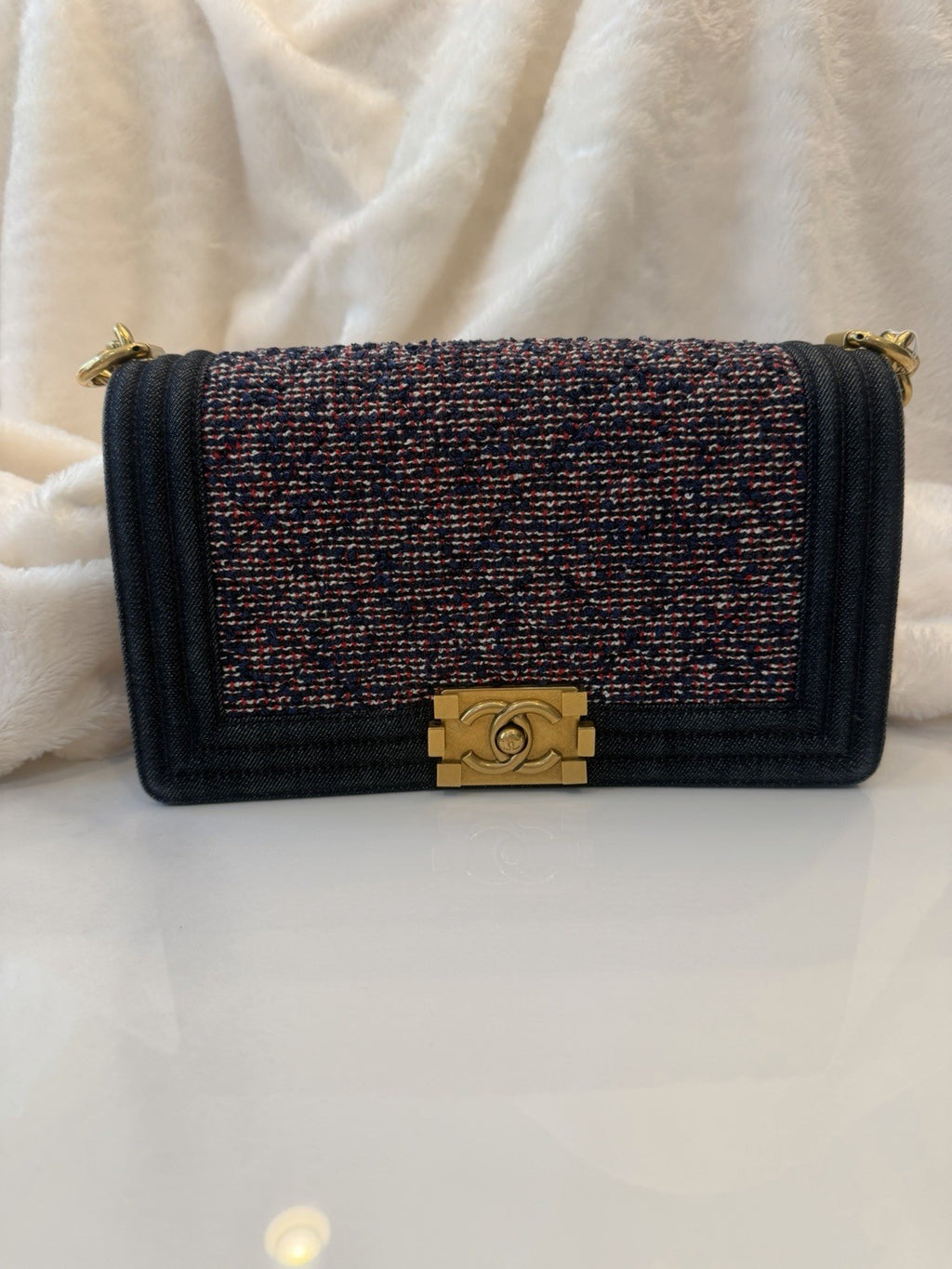 Medium Chanel Denim Quilted Tweed Boy Bag - purple