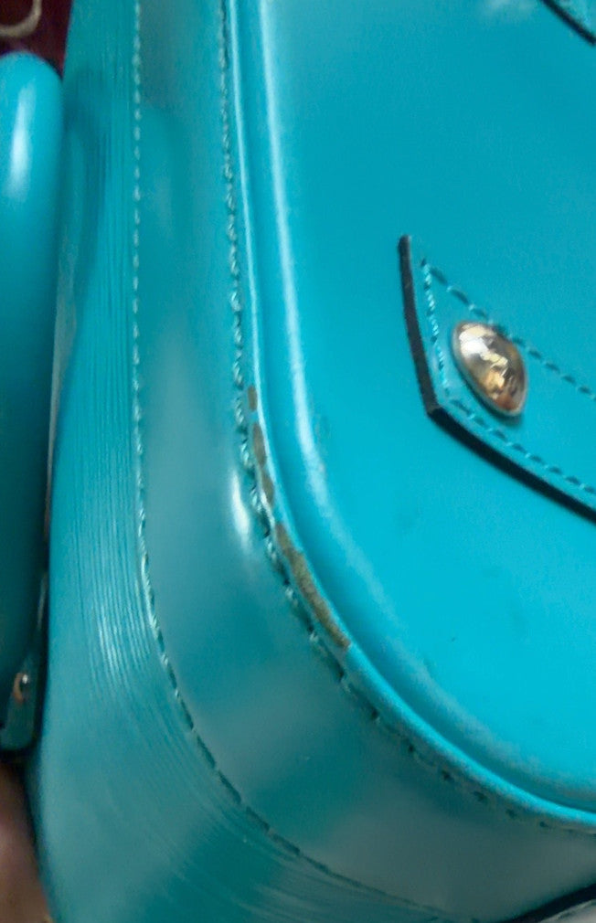 Authentic Louis Vuitton Alma Bag BB Cyan Blue Leather w/Genuine LV Guitar Strap