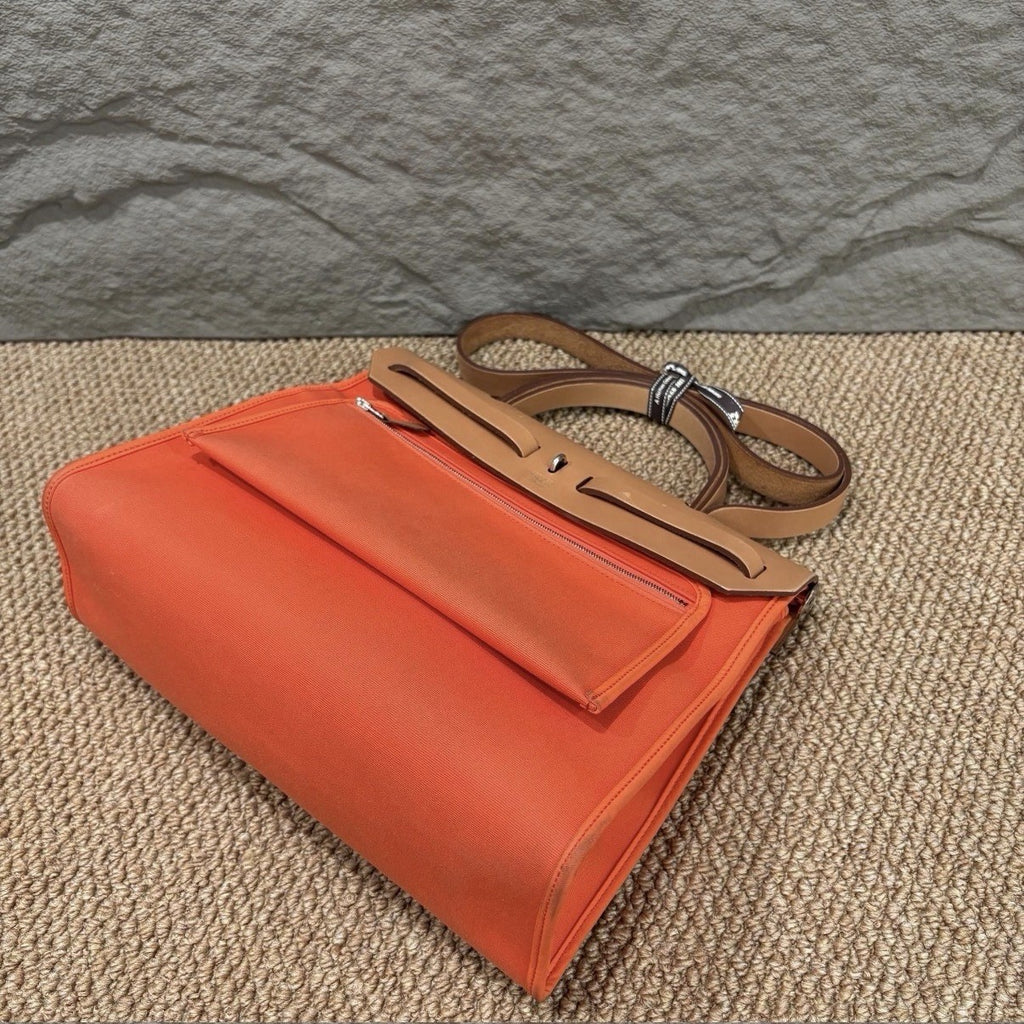 Authentic Hermès Herbag MM Canvas & Vache Hunter Leather Orange | 2-Way Bag