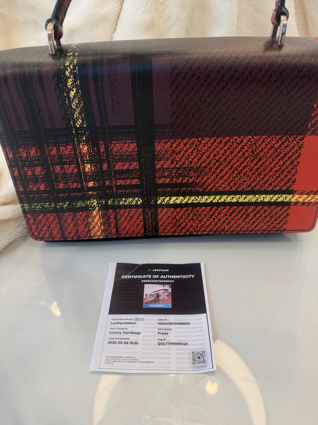 Prada tartan Saffiano Top Handle Red plaid/black Canvas