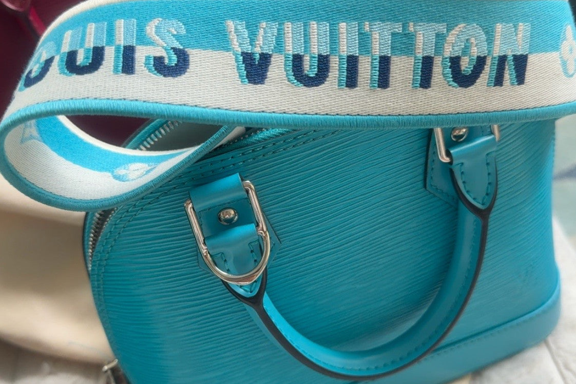 Authentic Louis Vuitton Alma Bag BB Cyan Blue Leather w/Genuine LV Guitar Strap